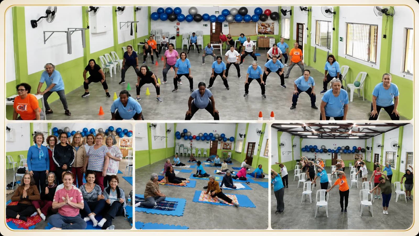 Montagem de turmas praticando ginástica e alongamento